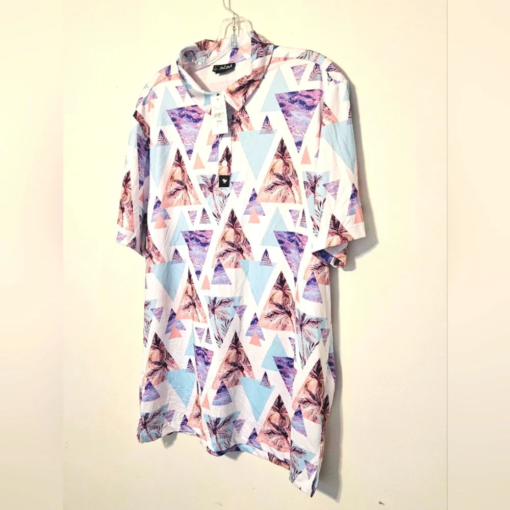 Bad Birdie Mens L PurpleGeometric Hawaiian Print ShortSleeve Golf Polo Shirt - Picture 4 of 11